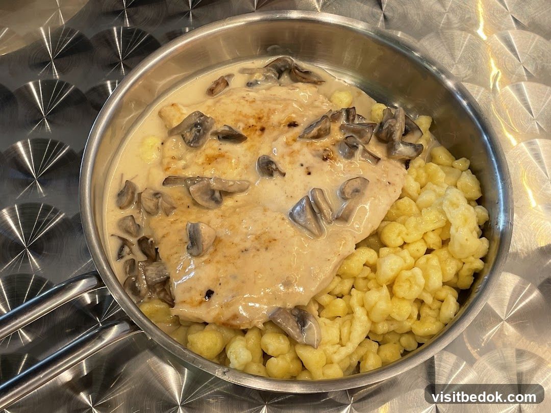 Chicken with Mushroom Cream Sauce and Spätzle