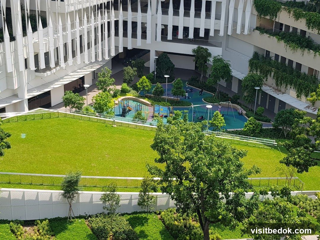Modern Building with Playground and Green Spaces