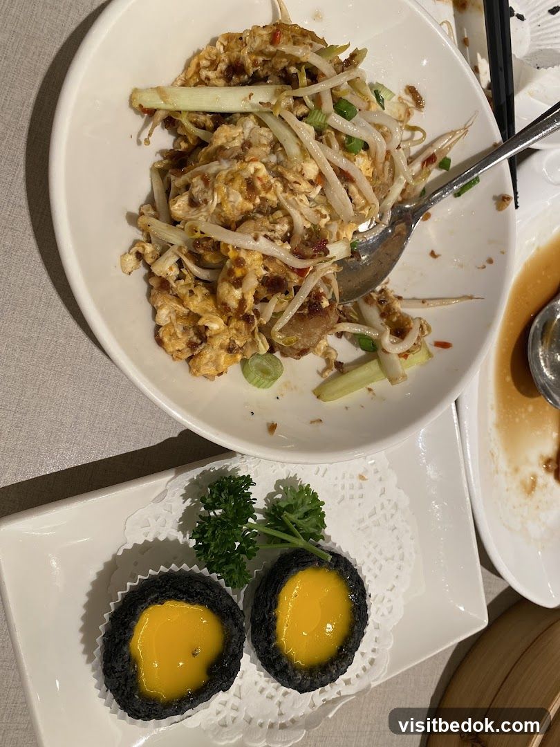 Scrambled Eggs with Bean Sprouts and Two Egg Tarts