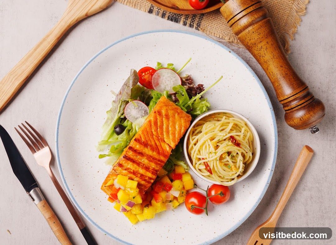 Salmon with Mango Salsa and Spaghetti