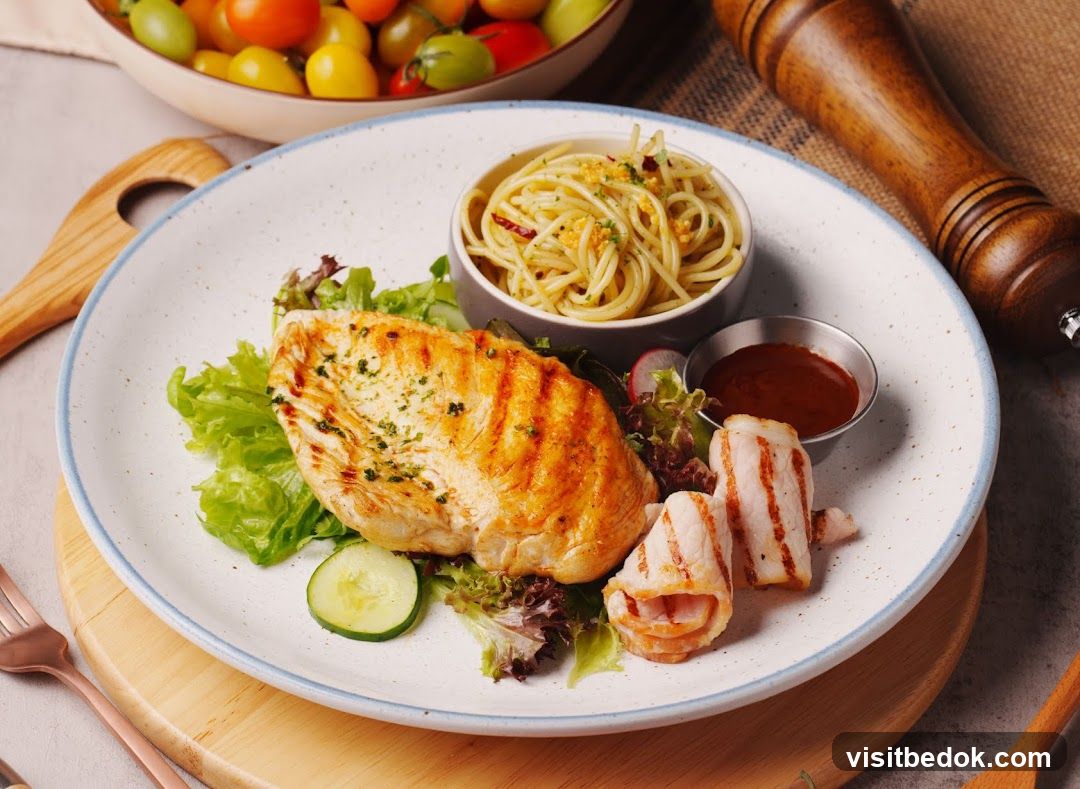 Grilled Chicken Breast with Pasta and Salad