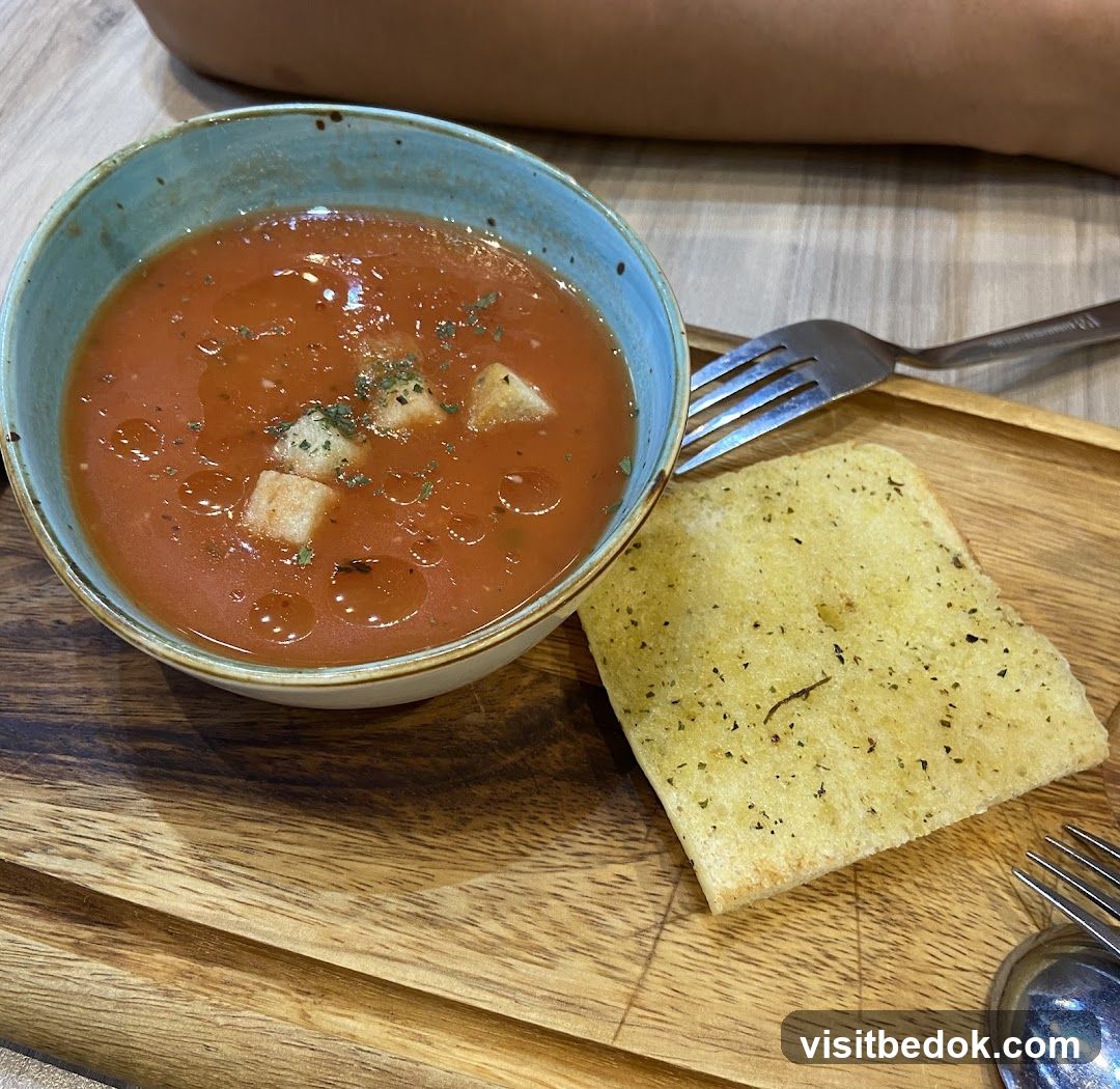 Tomato Soup with Croutons and Garlic Bread