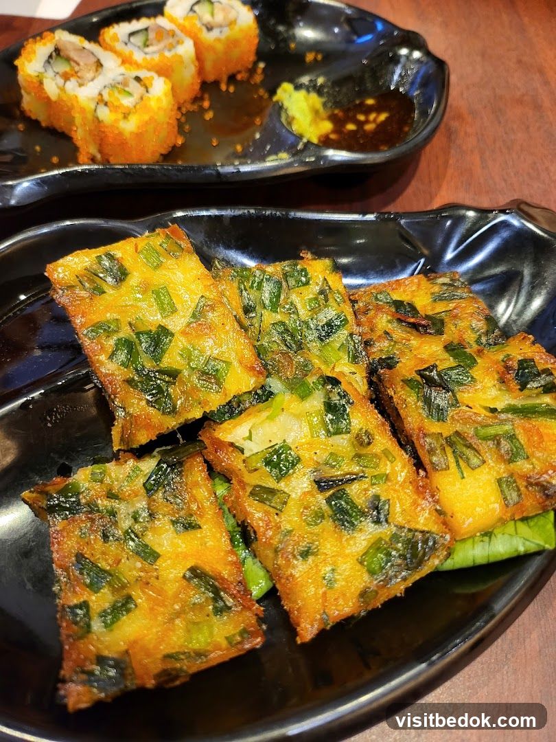 Pan-fried Chives Cakes and Sushi Rolls