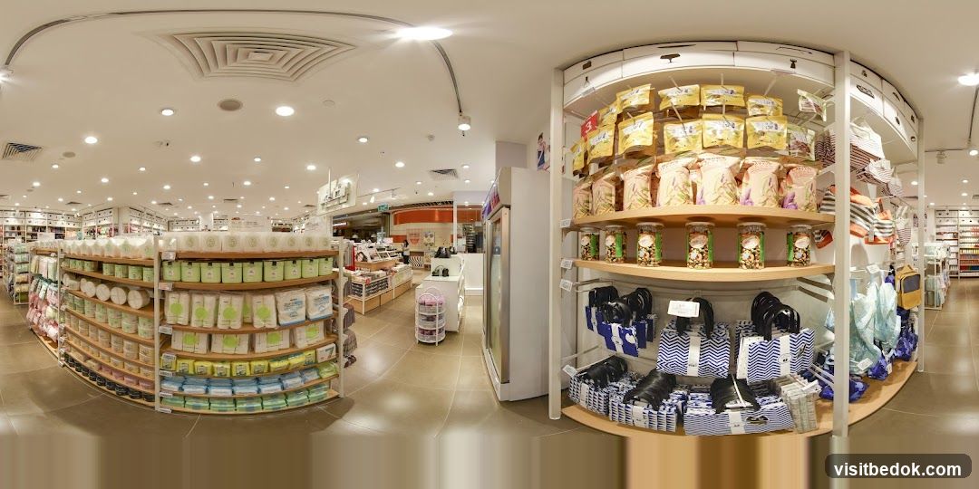 Retail store interior with shelves of products