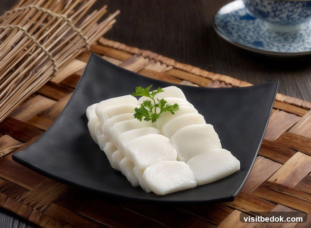 Sliced White Food on Black Plate