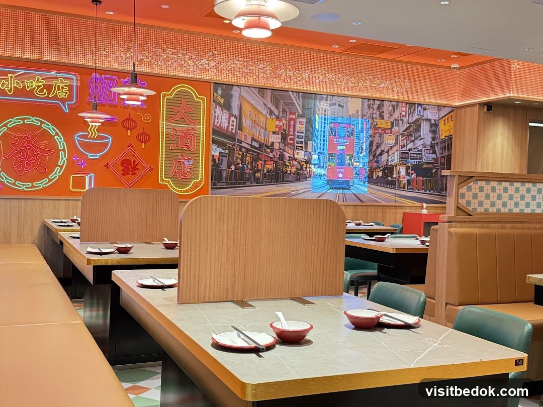 Restaurant Interior with Neon Signs and Hong Kong Tram Mural