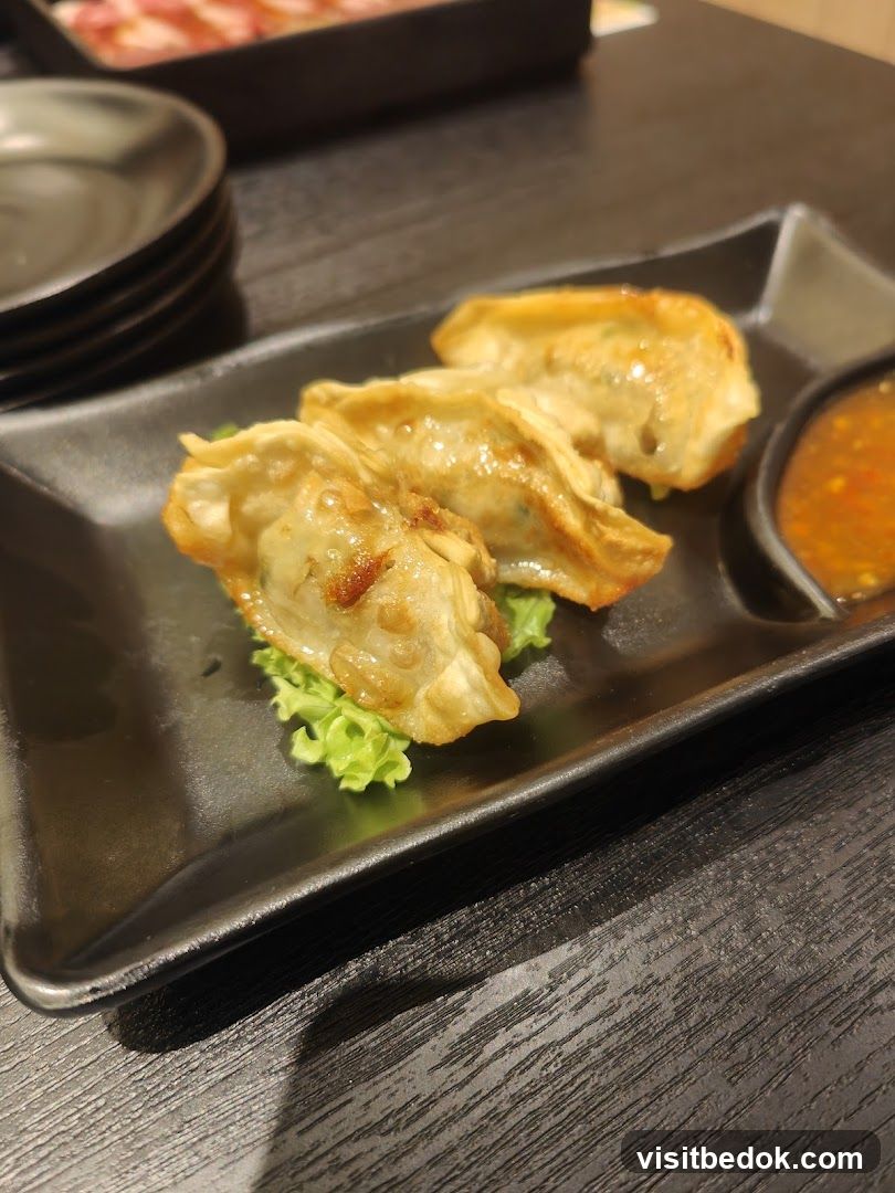 Pan-fried dumplings with dipping sauce