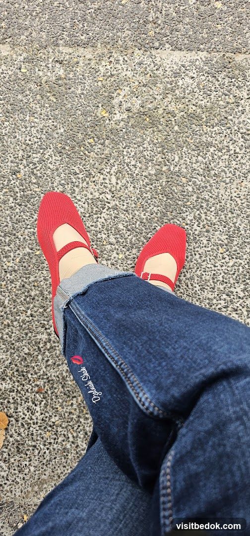 Red Mary Jane Flats and Embroidered Jeans