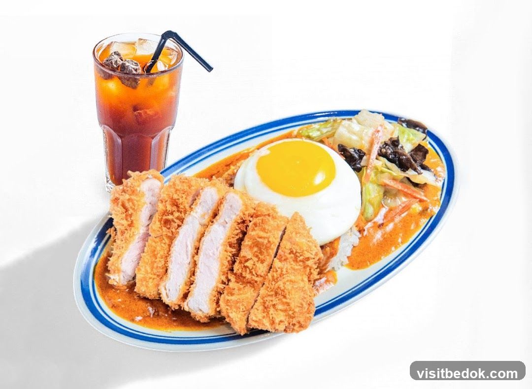 Pork Cutlet Curry with Fried Egg and Drink