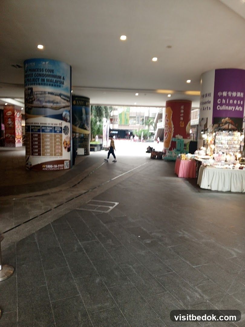 Mall walkway with advertisements and stalls