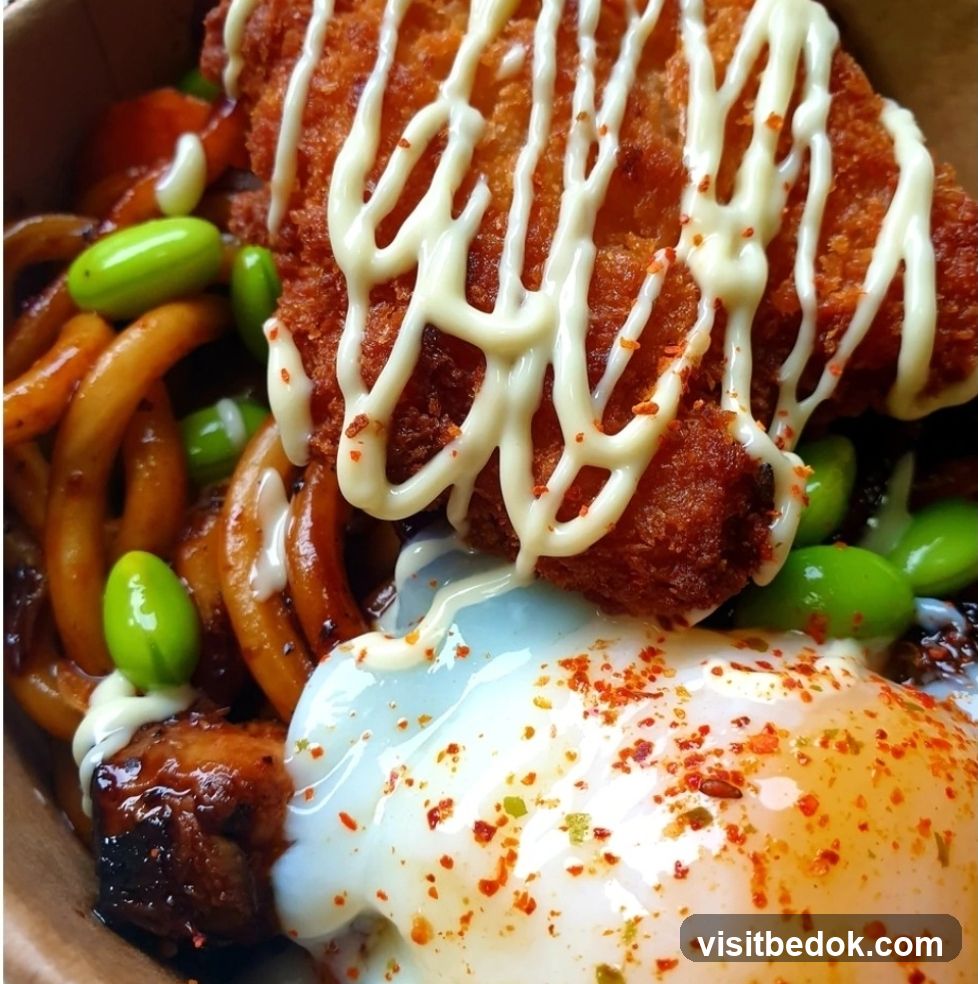 Udon Noodles with Fried Chicken and Egg