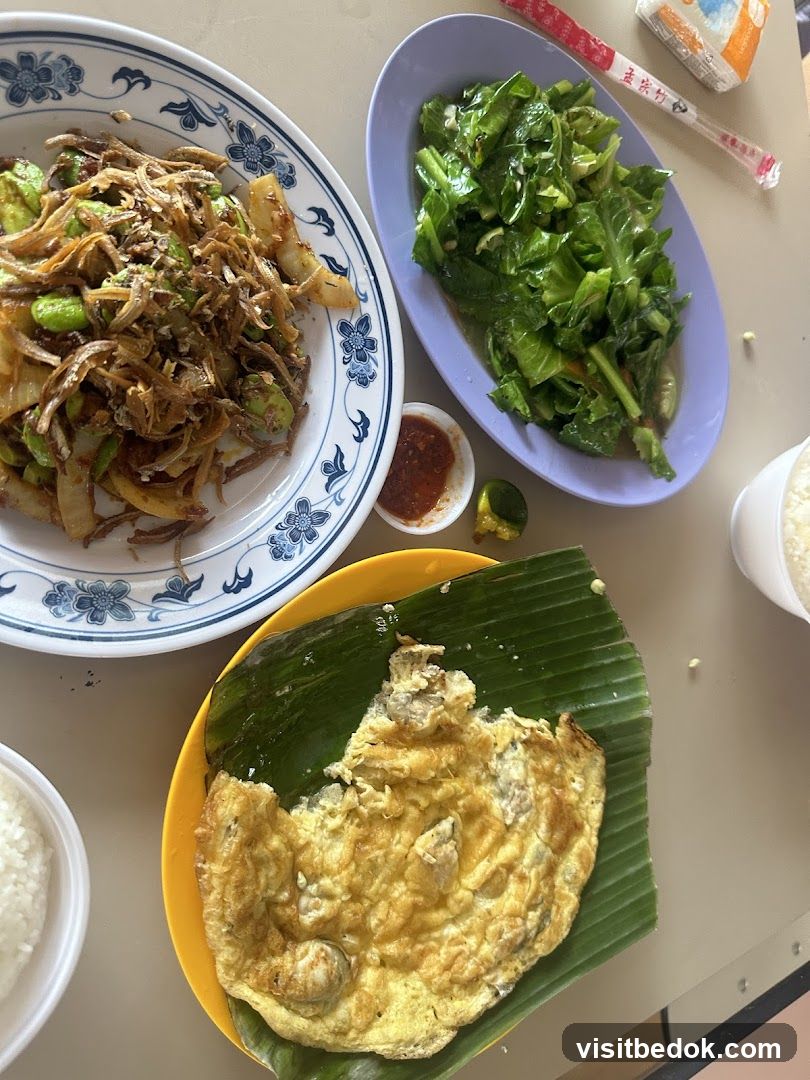 Oyster Omelette with Stir-fried Vegetables and Anchovies