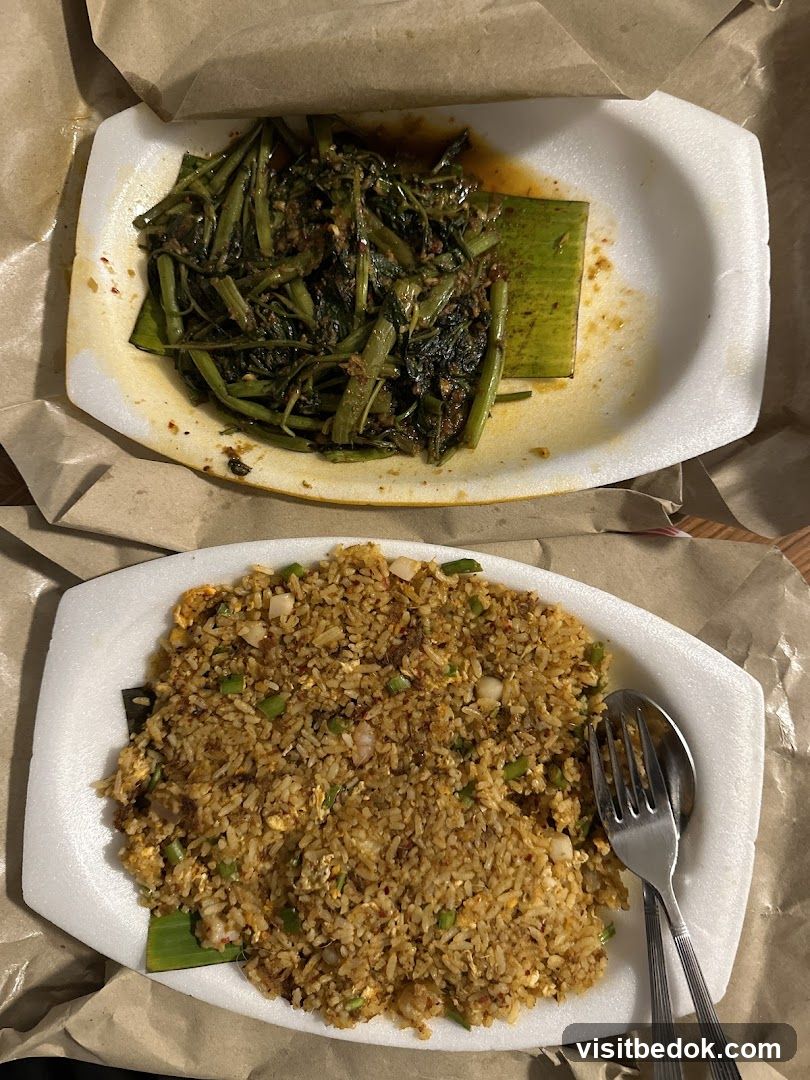 Stir-fried water spinach and fried rice