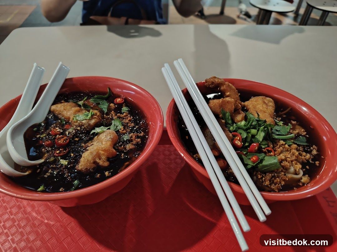 Two bowls of noodles with fried fish