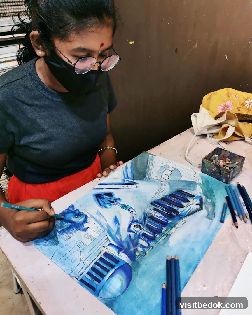 Young artist working on a blue-toned artwork