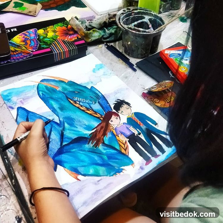 Artist drawing a dragon and two figures