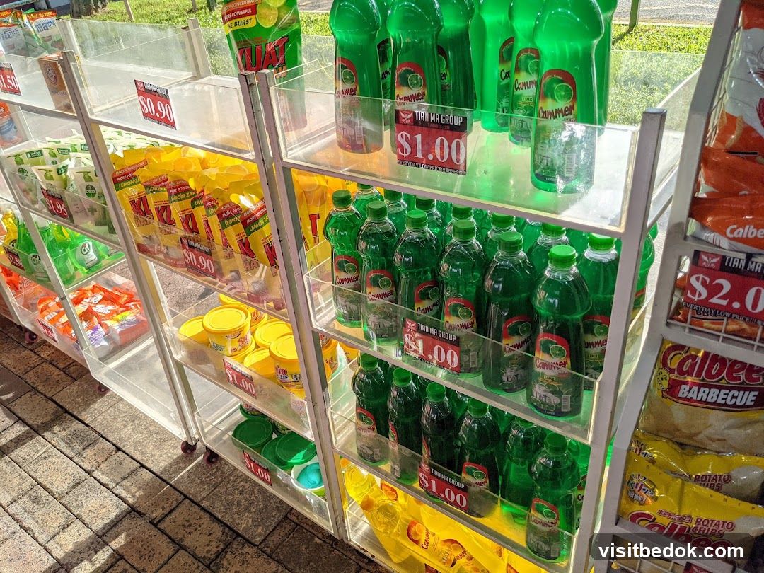 Display of cleaning supplies and snacks
