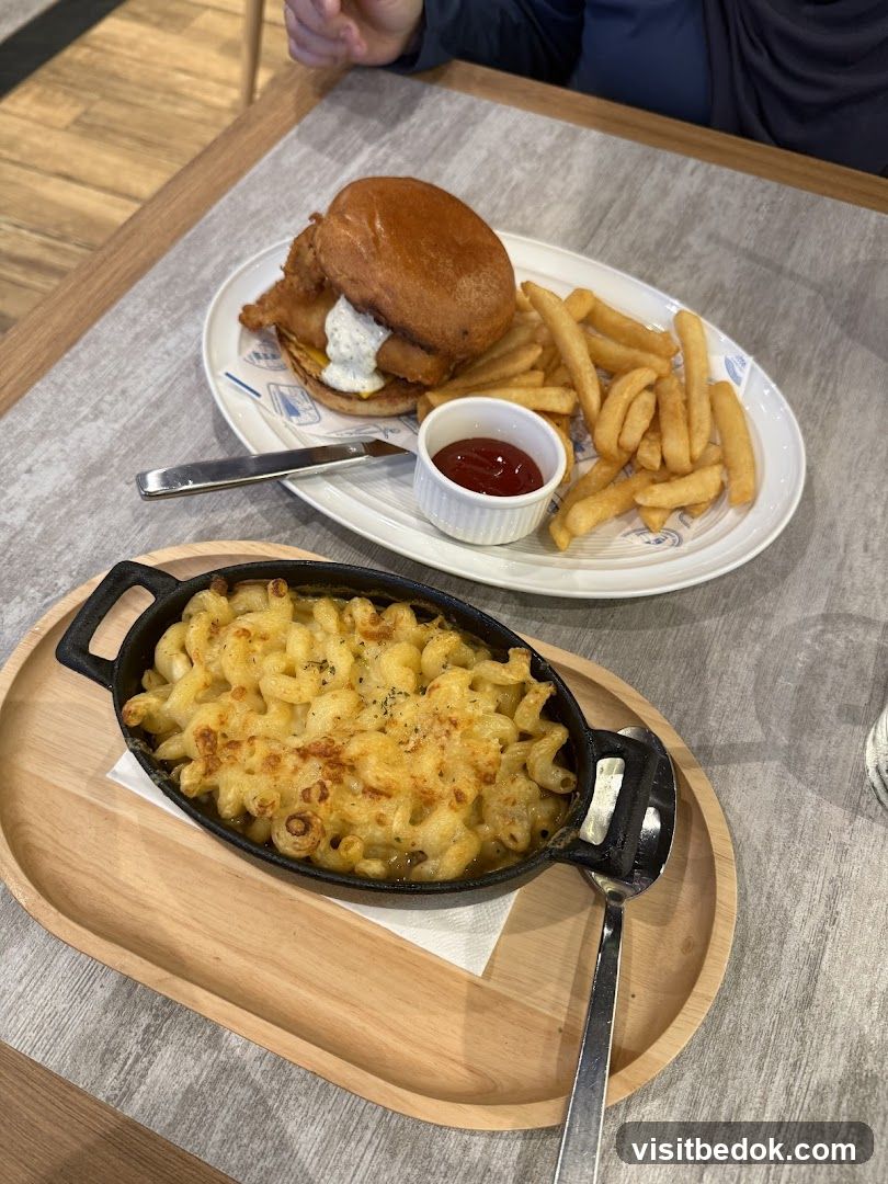 Fish Burger and Macaroni and Cheese