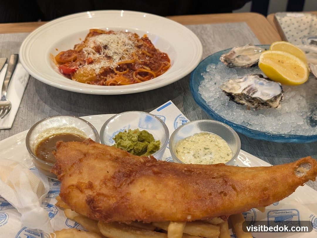 Fish and Chips with Oysters and Pasta