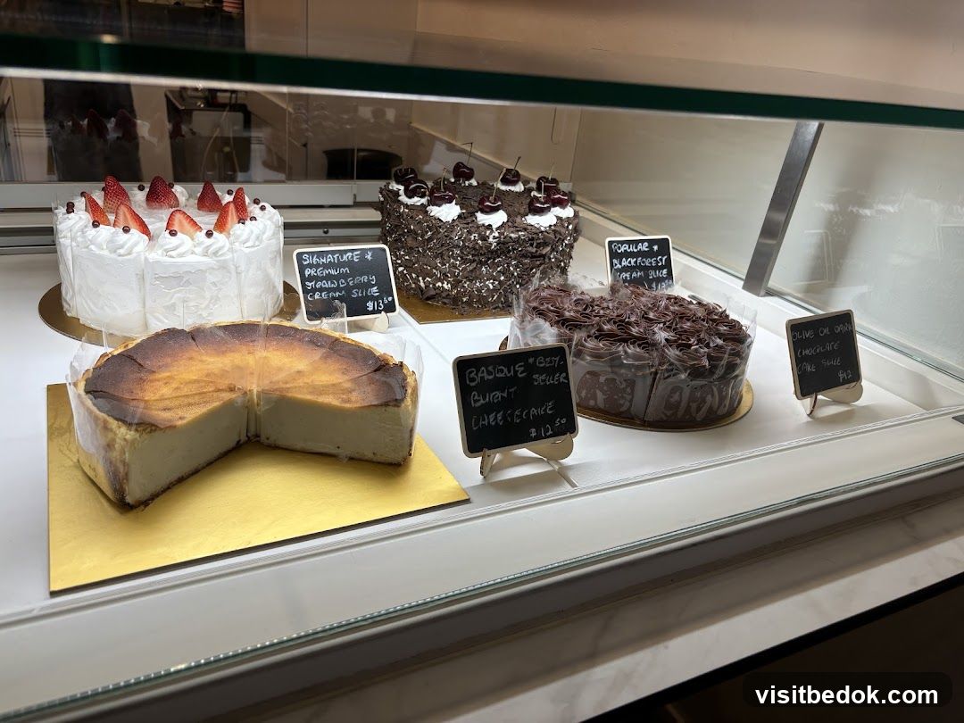 Cakes in a display case
