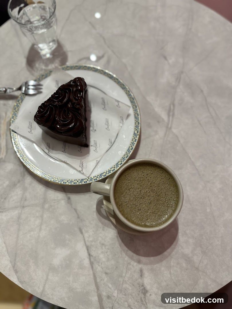 Chocolate cake and matcha latte