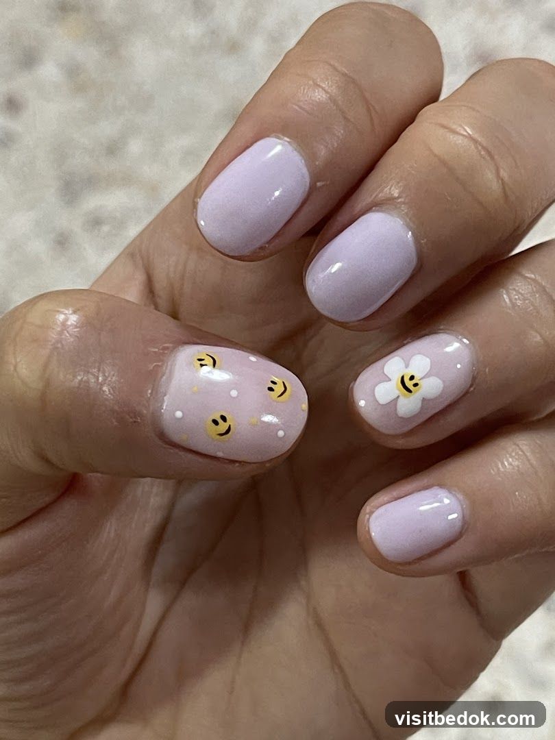 Nails with smiley faces and flowers