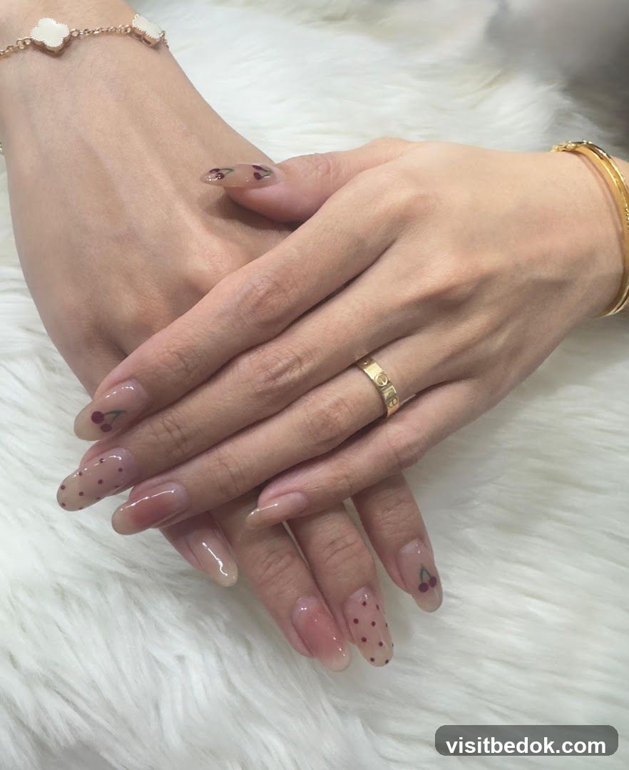 Nails with cherry and polka dot design