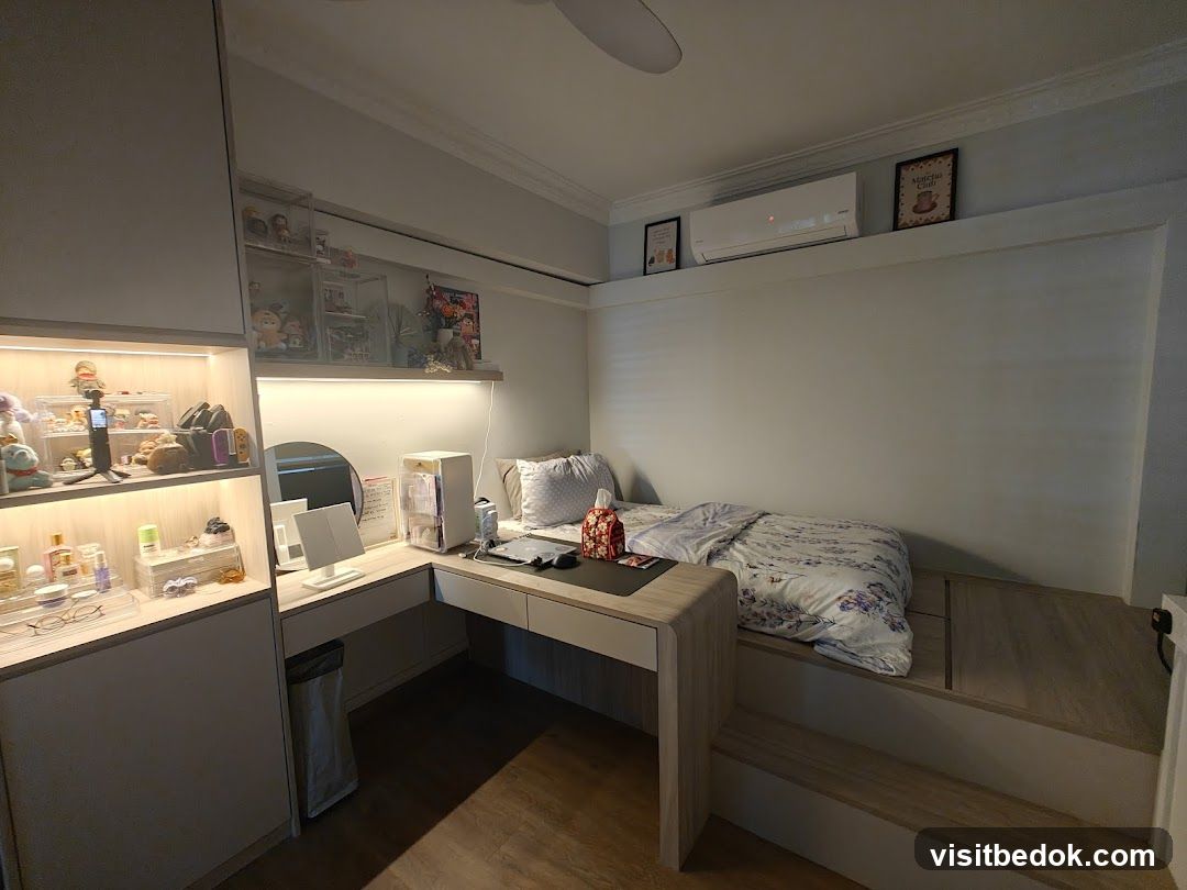 Bedroom with Vanity and Raised Bed