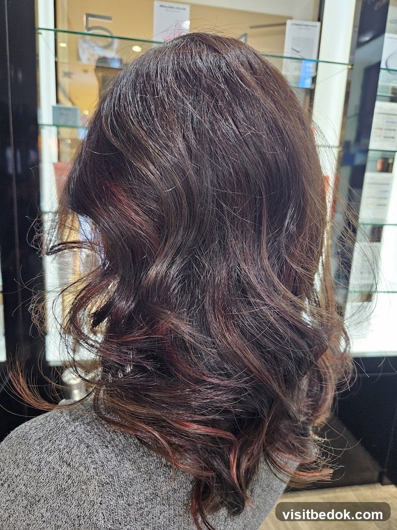 Woman with Dark Wavy Hair with Red Highlights