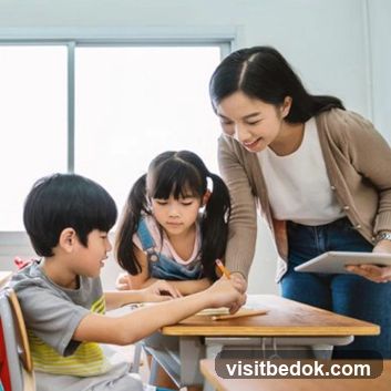Teacher assisting students