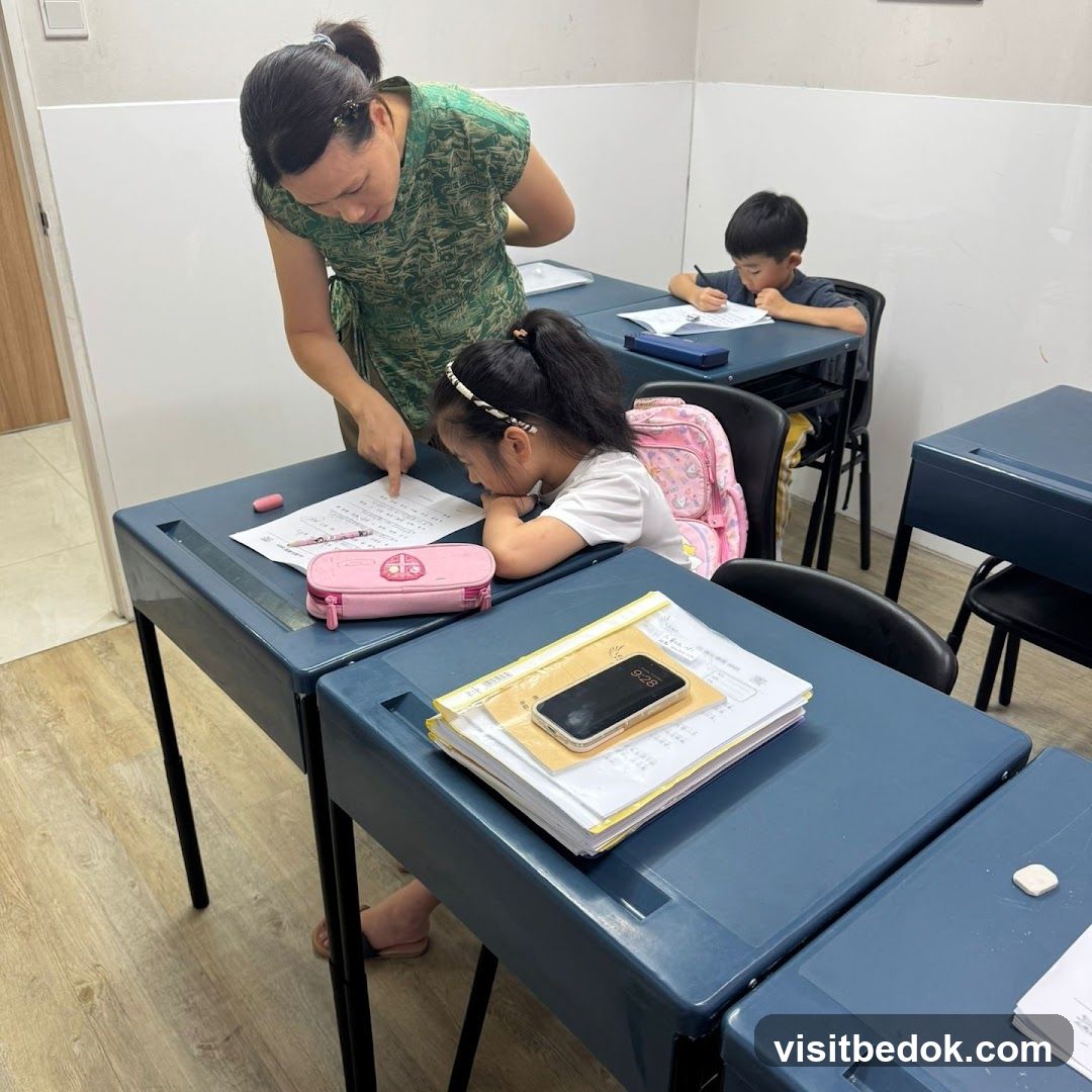 Teacher assisting students in a classroom