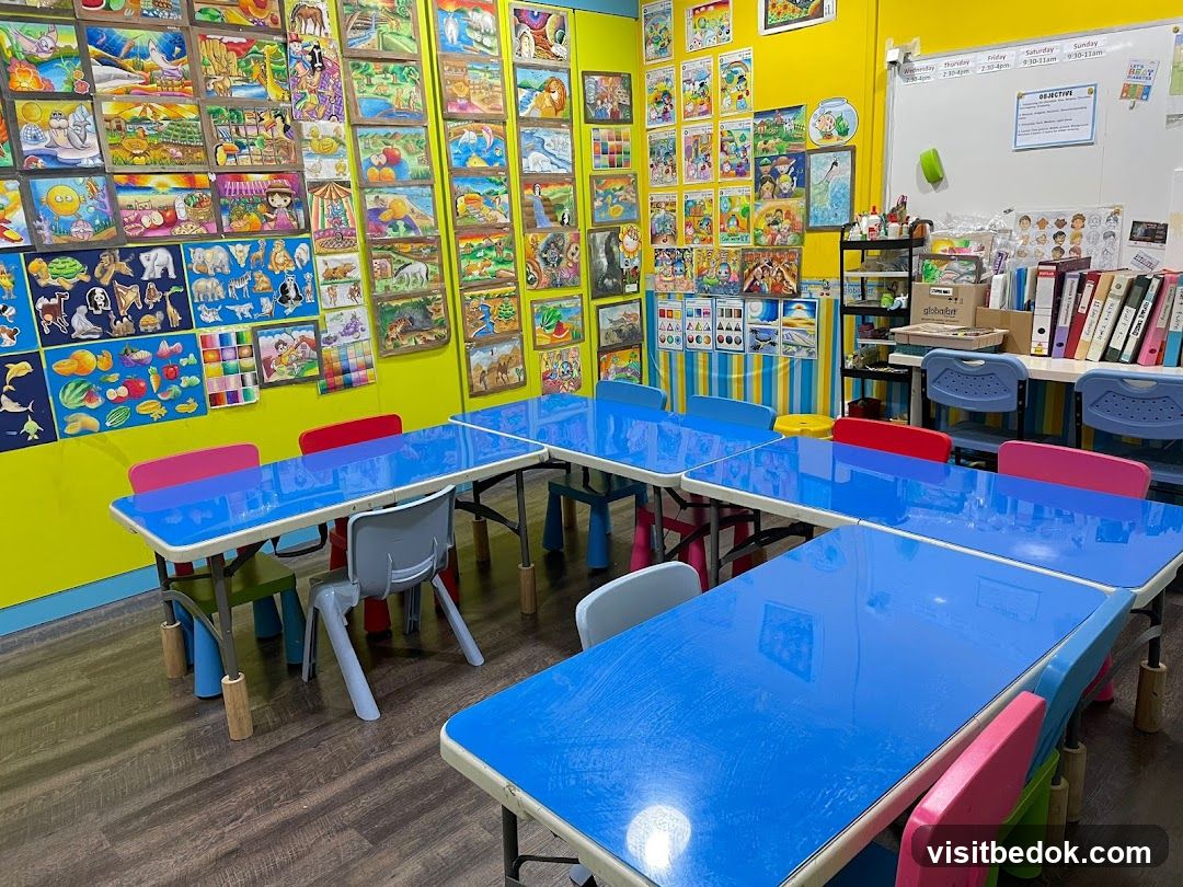 Classroom with colorful artwork and tables