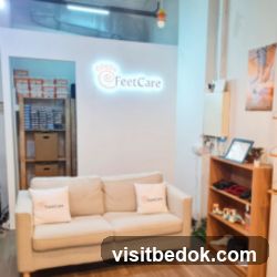 Waiting area with sofa and shelves