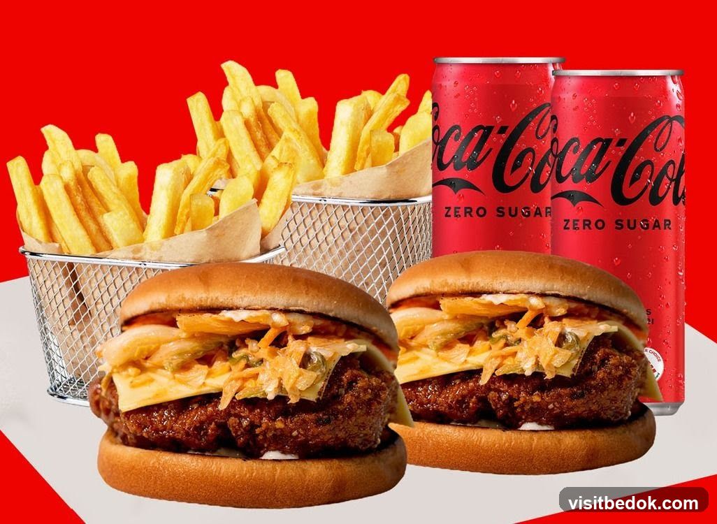 Two burgers with fries and Coca-Cola Zero Sugar cans