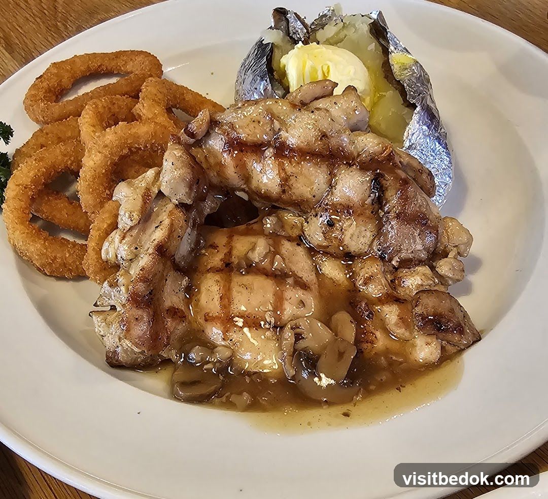 Grilled Chicken with Baked Potato and Onion Rings