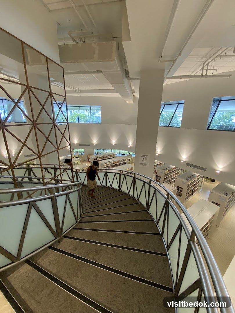 Modern Library Interior with Spiral Staircase