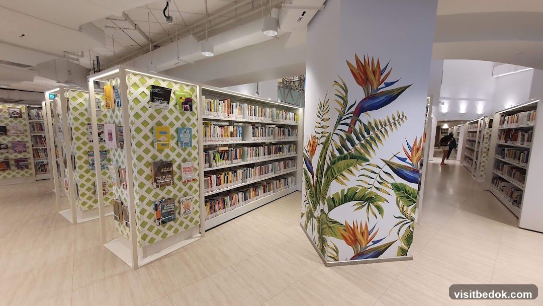Library Interior with Bookshelves and Floral Mural