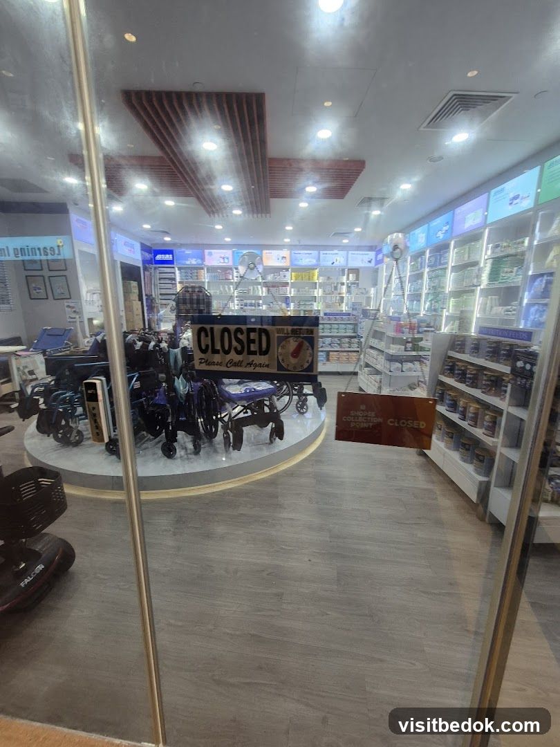 Pharmacy interior with mobility aids