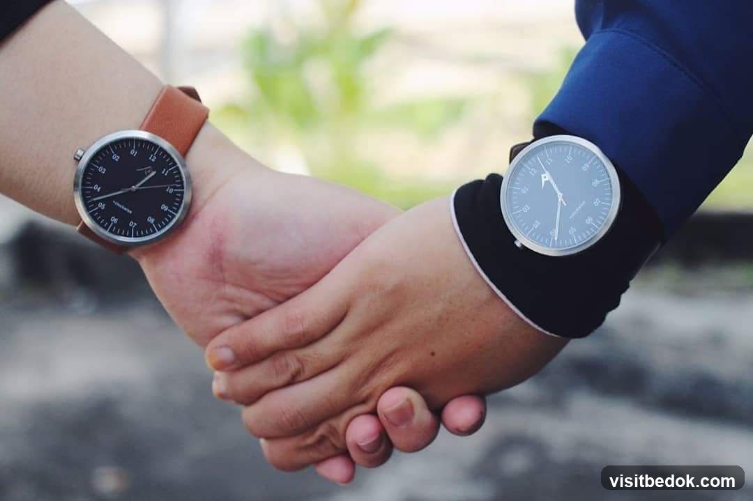 Two people holding hands, wearing watches