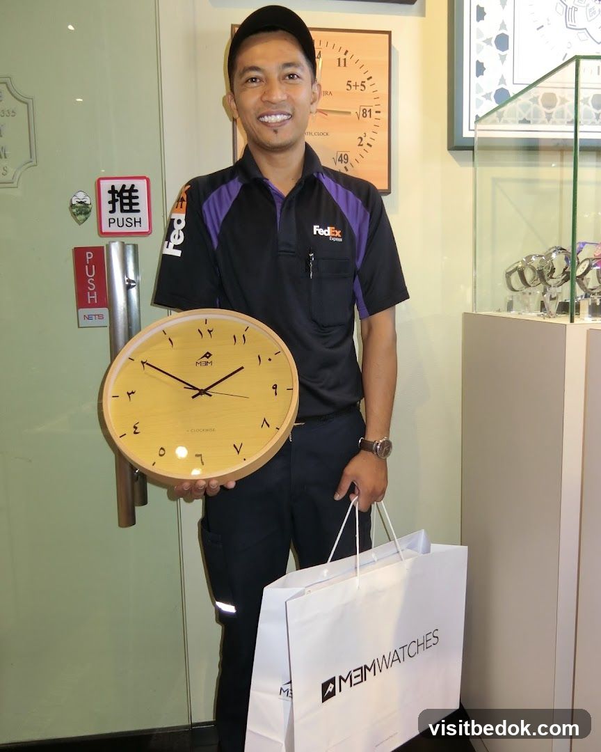Man holding a clock and shopping bag