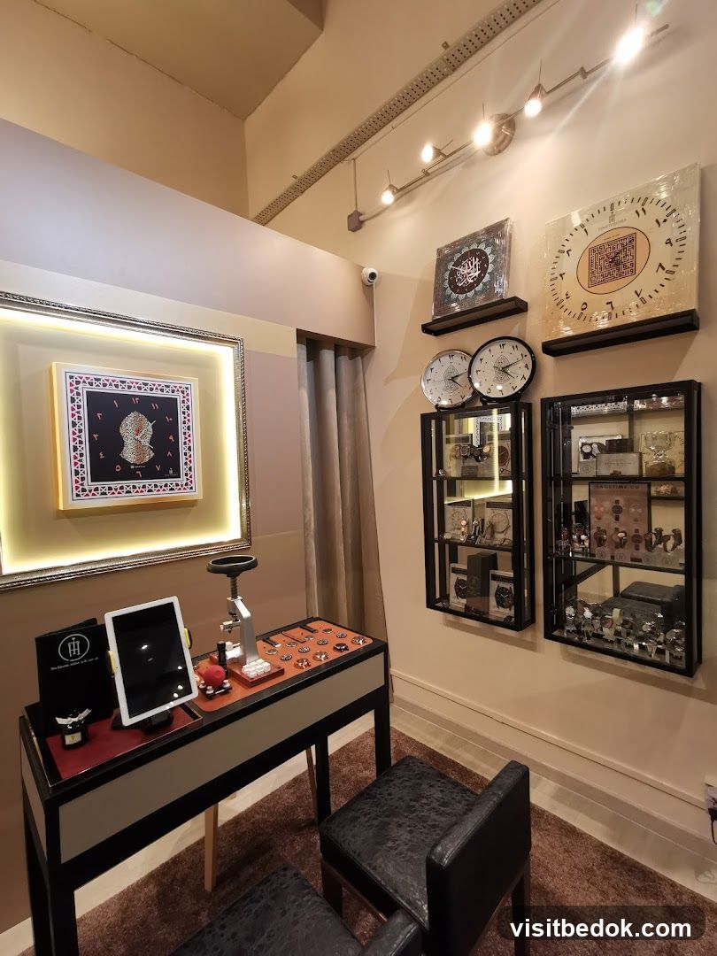 Watch store interior with display cases and a work station