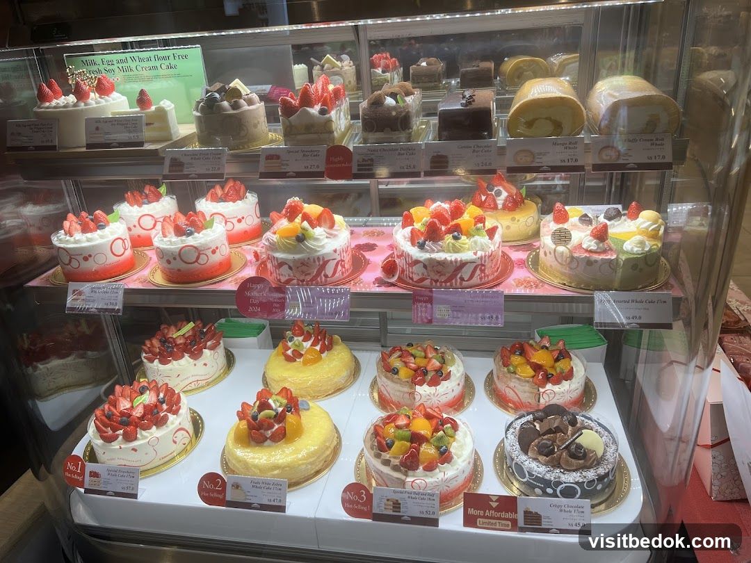 Cakes in a display case