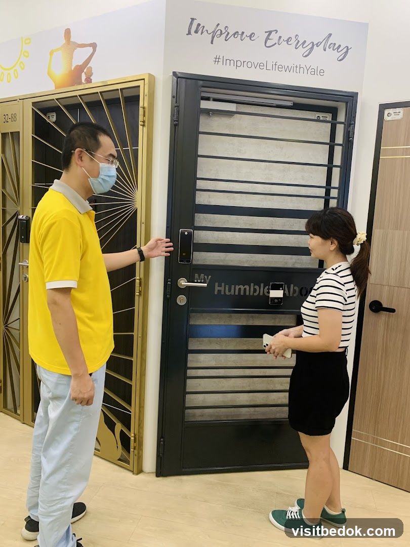 Salesperson showing a door to a customer