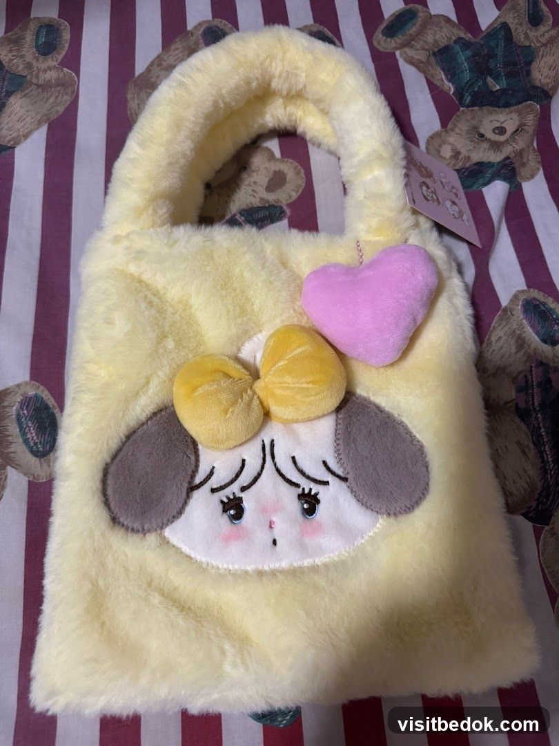 Fuzzy Yellow Tote Bag with Dog Face Design