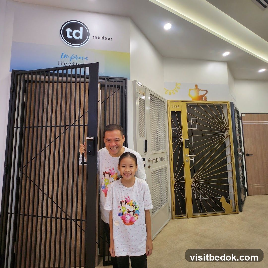 Man and girl in front of display doors