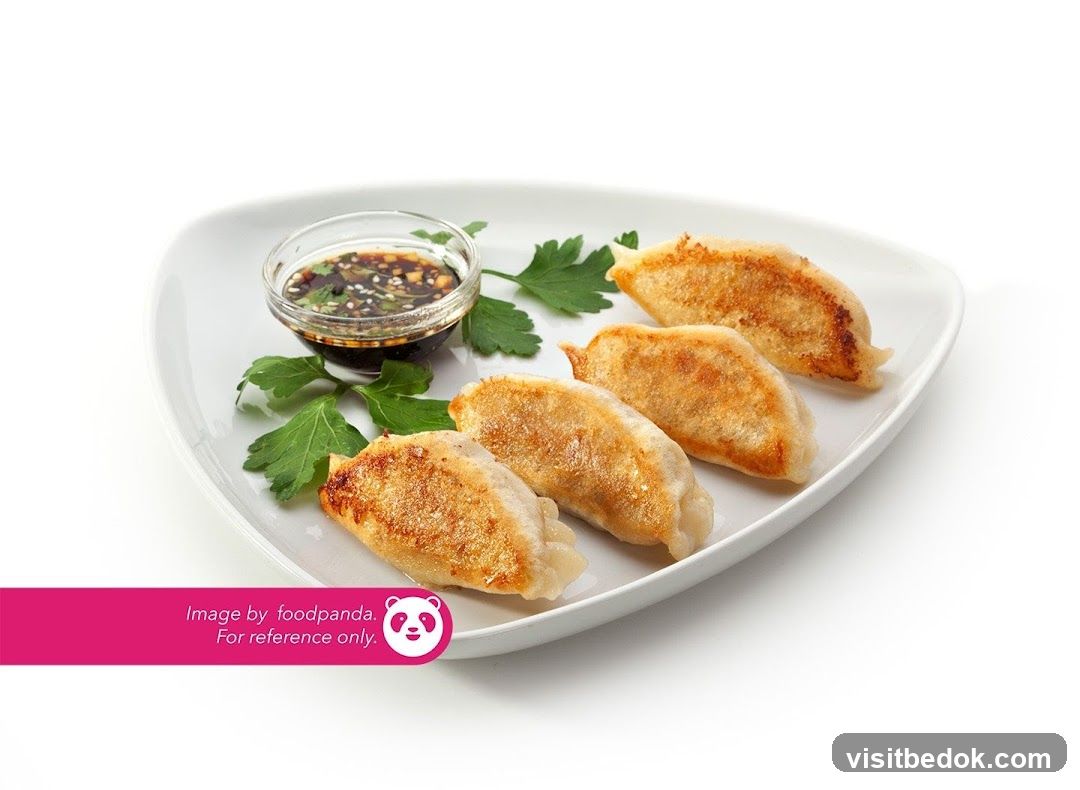 Pan-fried dumplings with dipping sauce