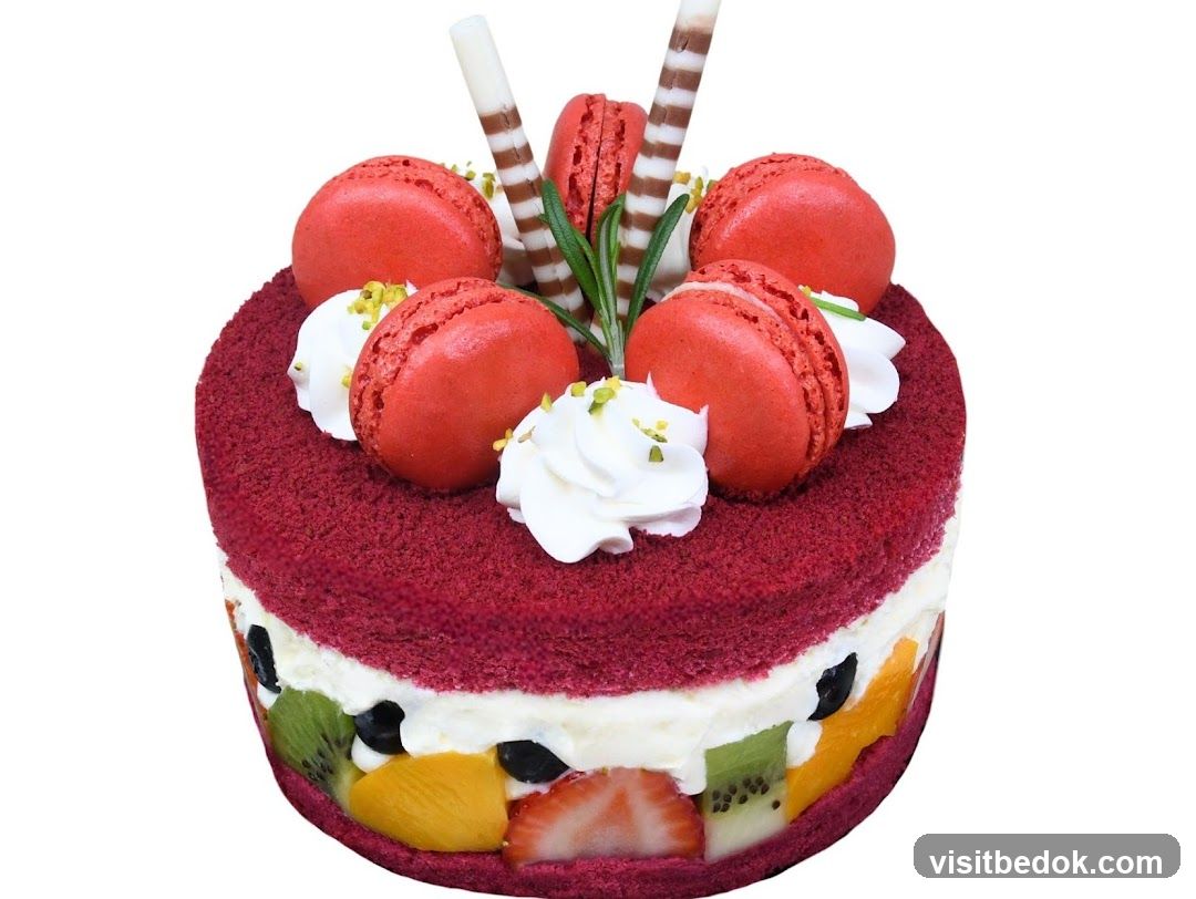 Red Velvet Cake with Macarons and Fruit
