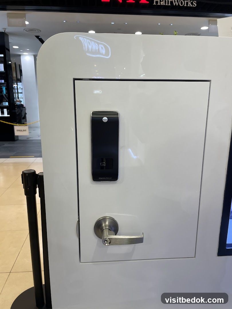 White kiosk with Yale lock and handle