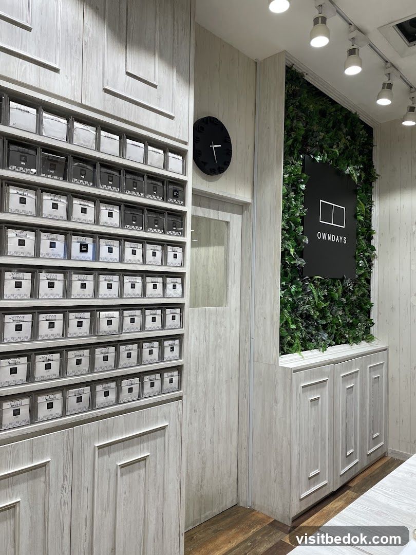 Interior of a store with display shelves and a green wall
