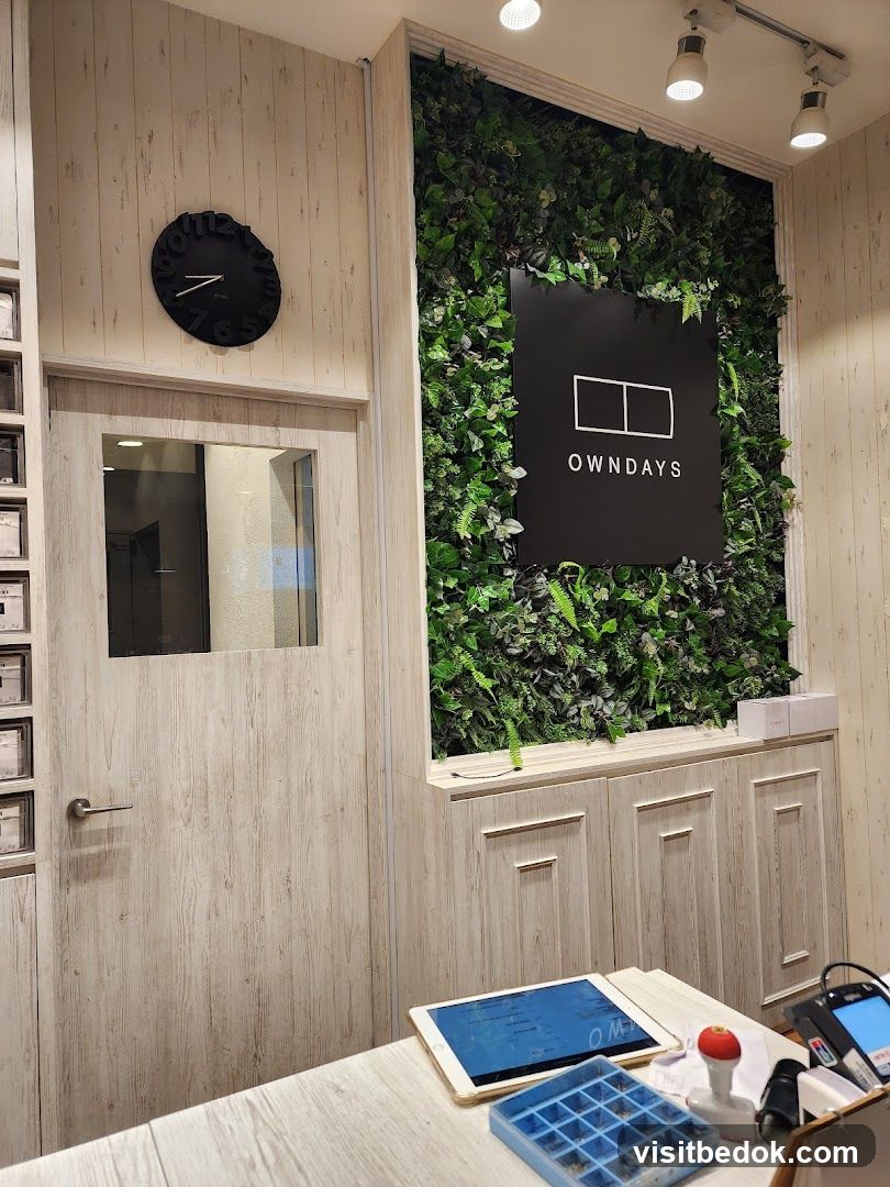 Interior of a store with a green wall and clock